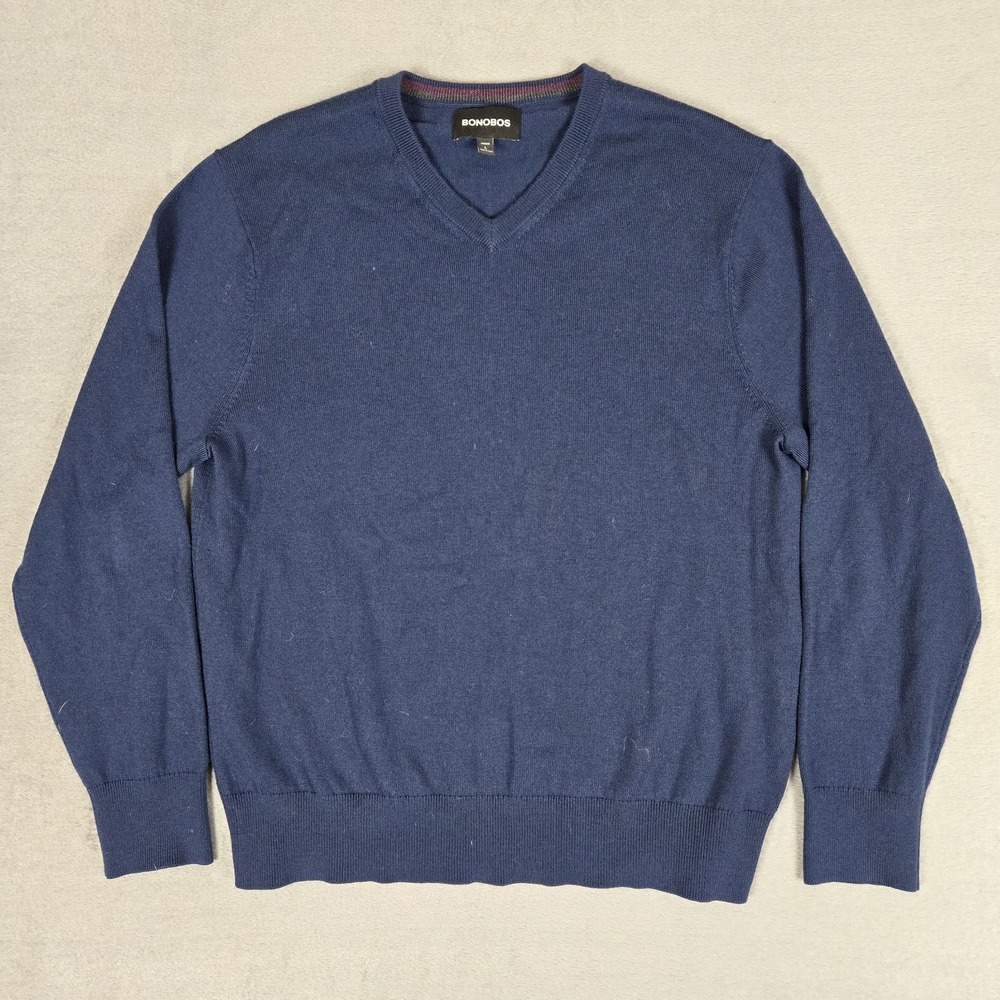 Bonobos Sweater Mens Large Extra Fine‎ Merino Wool V-Neck Jumper Navy Blue